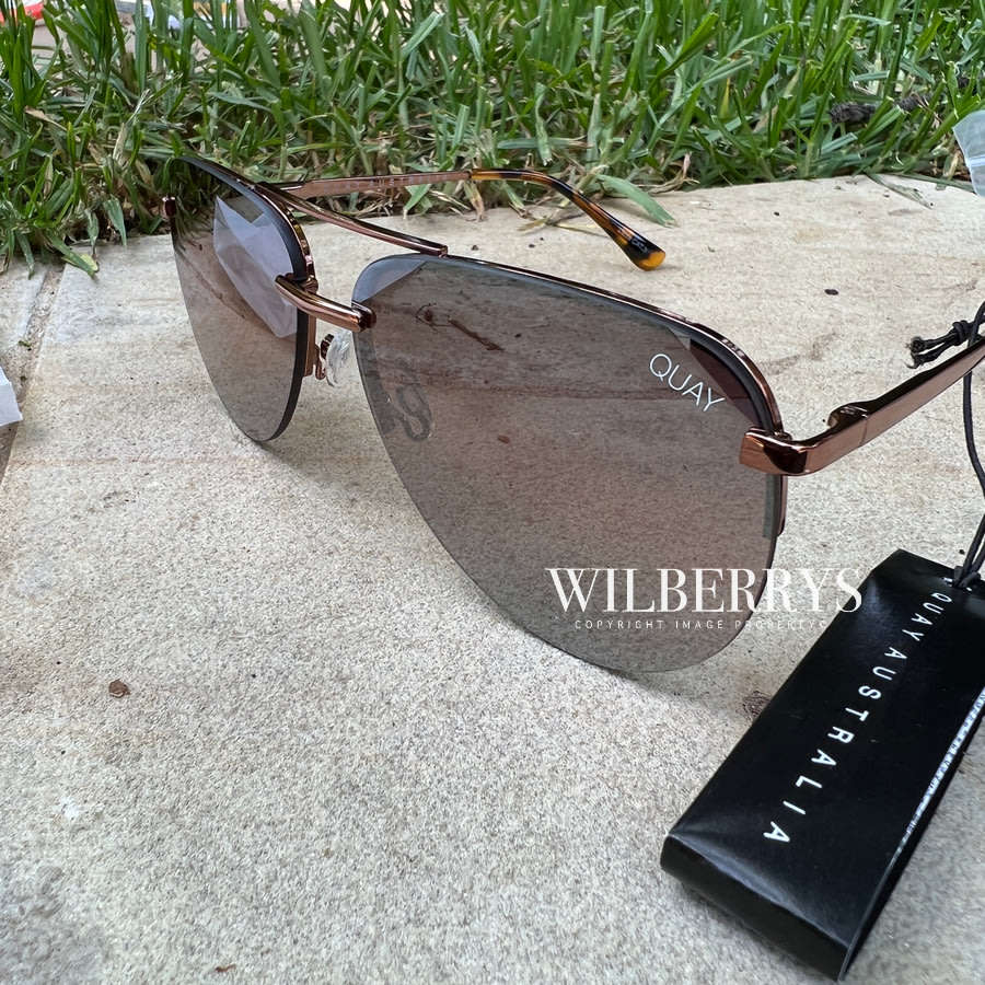 Must see!! QUAY Women`s J`LO Jennifer Lopez MIRROR THE PLAYA Rimless Aviator BRONZE FLASH Sunglasses