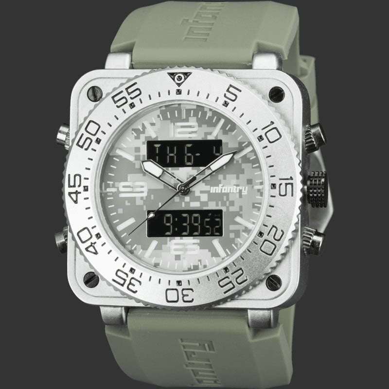 Retail: R3,999.00 INFANTRY MILITARY CO. Men`s Tank ACU Silicon 47mm BIG Dual Movement Watch Grey NEW