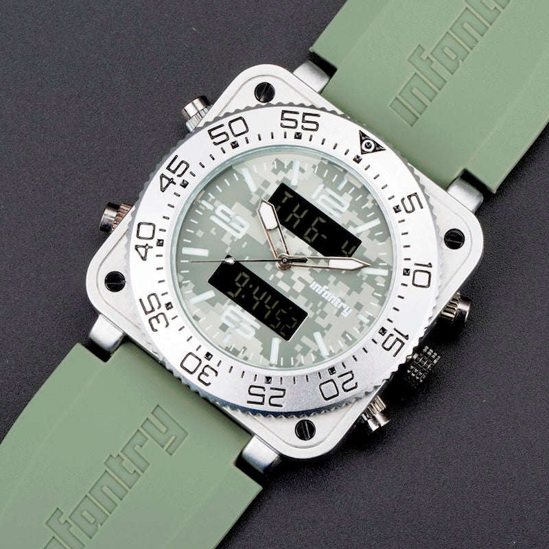 Retail: R3,999.00 INFANTRY MILITARY CO. Men`s Tank ACU Silicon 47mm BIG Dual Movement Watch Grey NEW