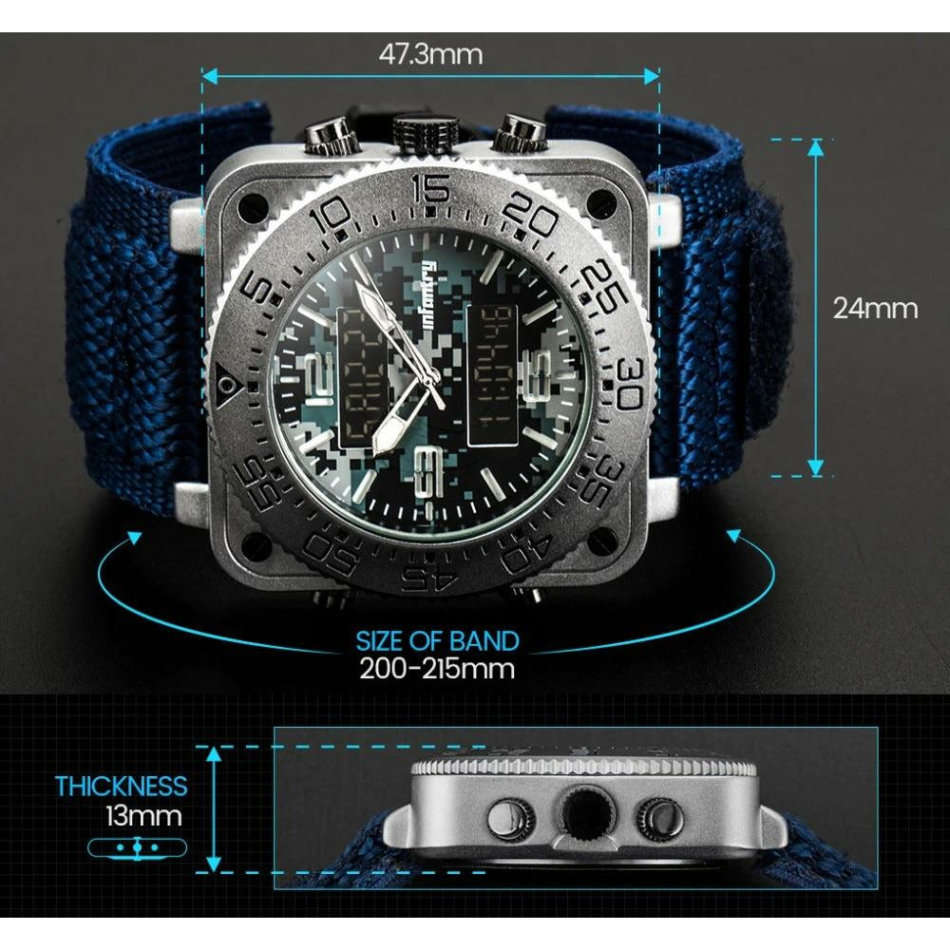 Retail: R3,999.00 INFANTRY MILITARY CO. Men`s Tank ACU Nylon 47mm BIG Dual Movement Watch Blue NEW