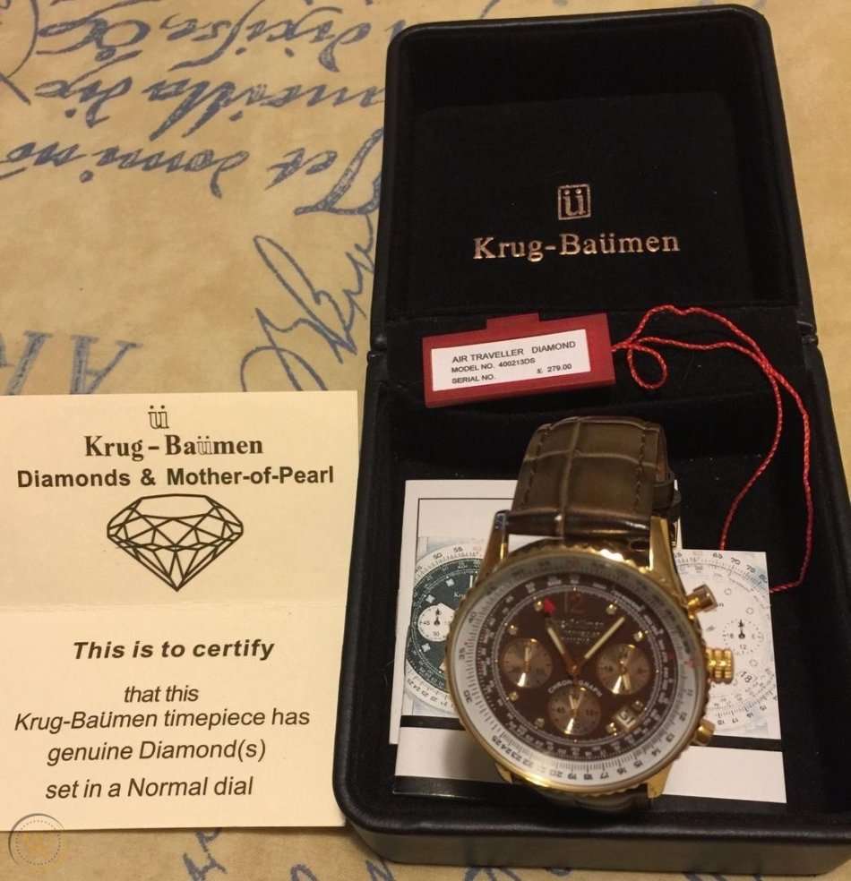 Retail: R10,000.00 Krug-Baumen Men's Air Traveller 42mm Diamond CHOCOLAT EDITION Watch  NEW