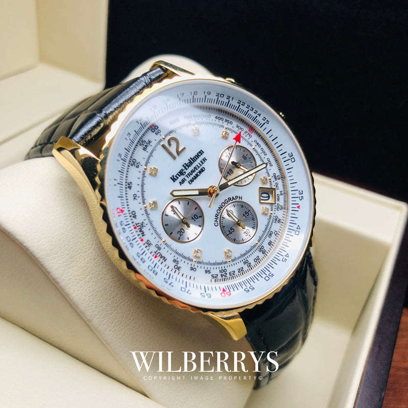 Retail: R9,000.00 KRUG-BAUMEN Men's Air Traveller 42mm Diamond Black Leather Watch BRAND NEW