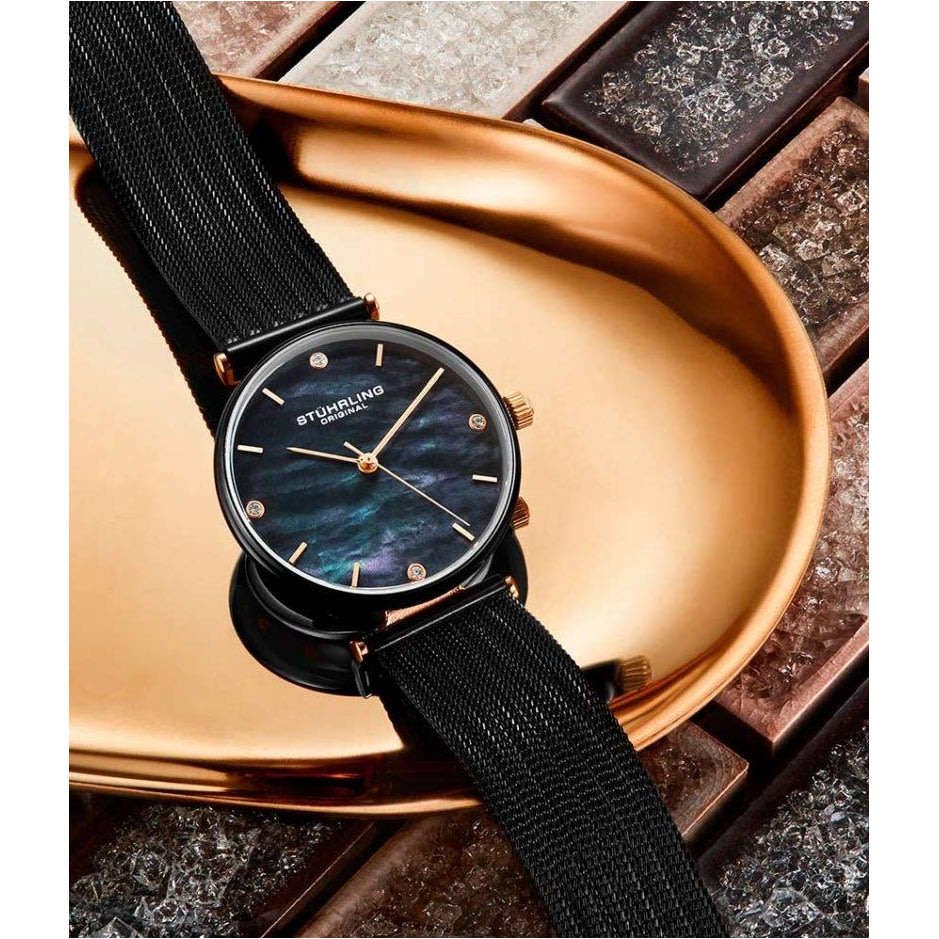 Retail: R5,999.00 STUHRLING ORIGINAL® Women's EUPHORIA MILANESE BLACK MOP PEARL Watch BRAND NEW