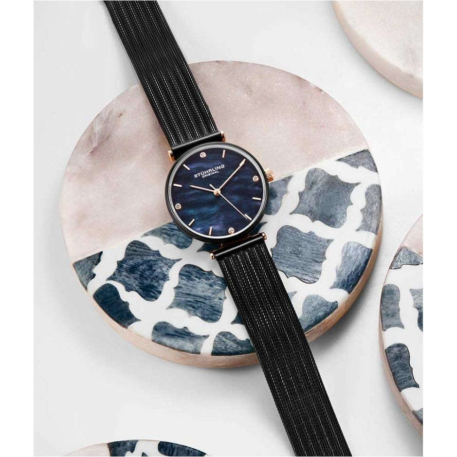 Retail: R5,999.00 STUHRLING ORIGINAL® Women's EUPHORIA MILANESE BLACK MOP PEARL Watch BRAND NEW