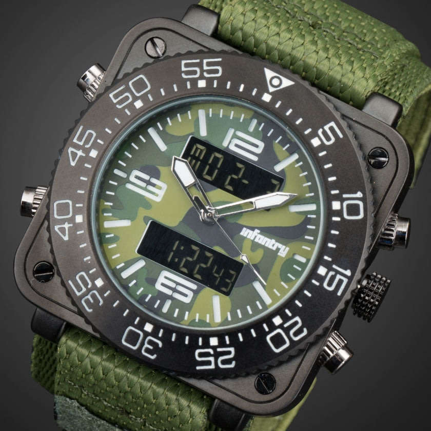 Retail: R3,999.00 INFANTRY MILITARY CO. Men's Tank Camo 47mm BIG Dual Movement Watch NEW