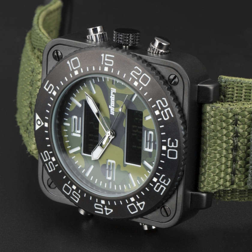 Retail: R3,999.00 INFANTRY MILITARY CO. Men's Tank Camo 47mm BIG Dual Movement Watch NEW