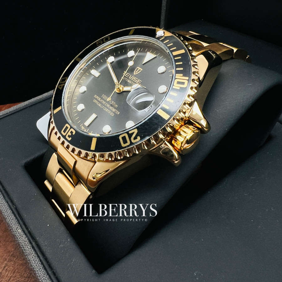 Retail: R2,499.00 TEVISE ® Men's TRIBUTE AUTOMATIC GOLD TONE BLACK Dial Watch BRAND NEW