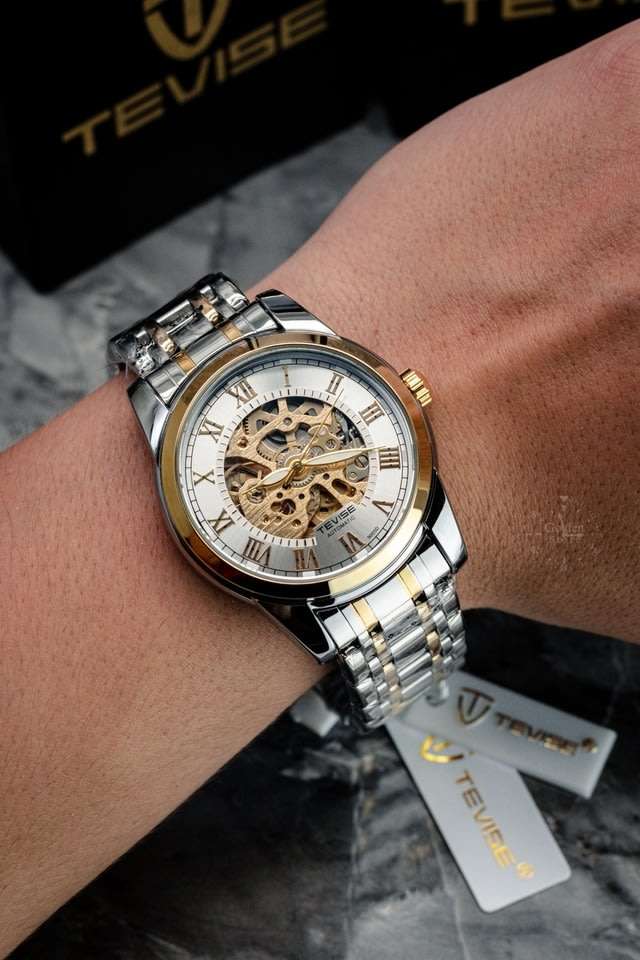 Retail: R1,999.00 TEVISE ® Men`s Skeleton Classic Steel Two Tone Black Watch BRAND NEW
