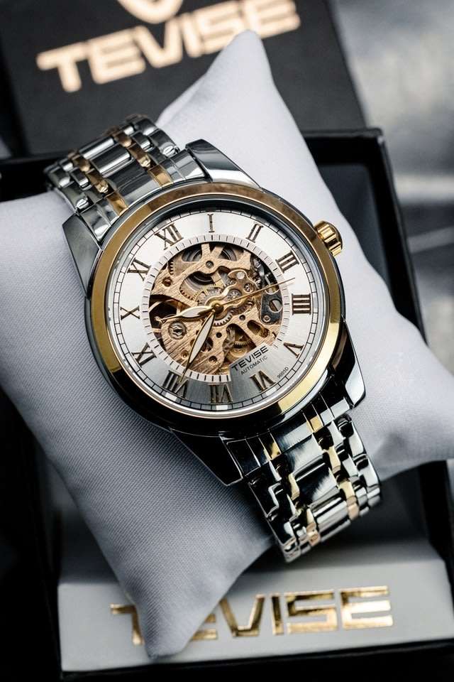 Retail: R1,999.00 TEVISE ® Men`s Skeleton Classic Steel Two Tone Black Watch BRAND NEW