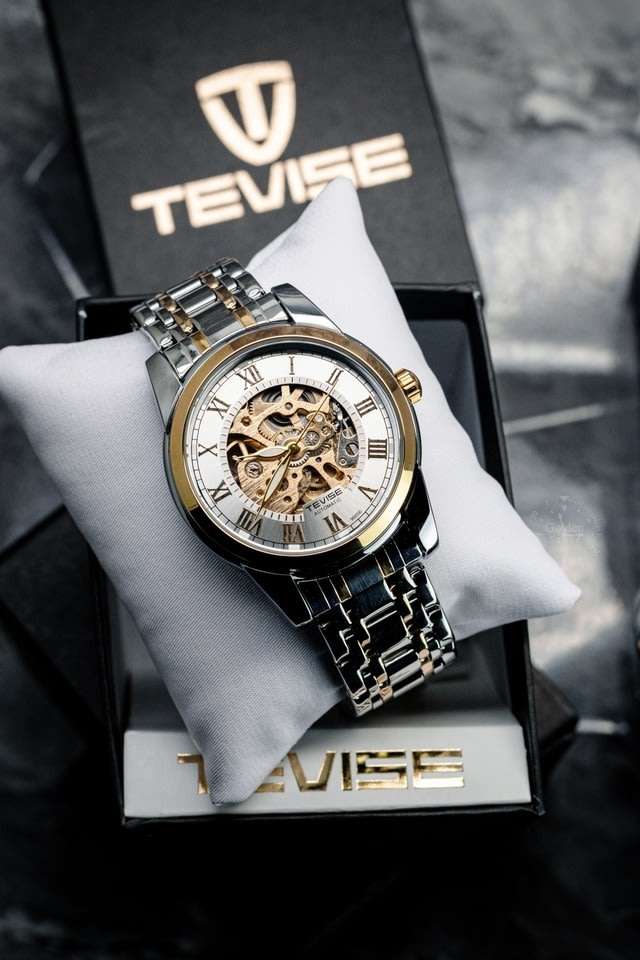 Retail: R1,999.00 TEVISE ® Men`s Skeleton Classic Steel Two Tone Black Watch BRAND NEW