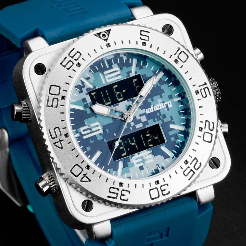 Retail: R3,999.00 INFANTRY MILITARY CO. Men`s Tank ACU Silicon 47mm BIG Dual Movement Watch Blue NEW