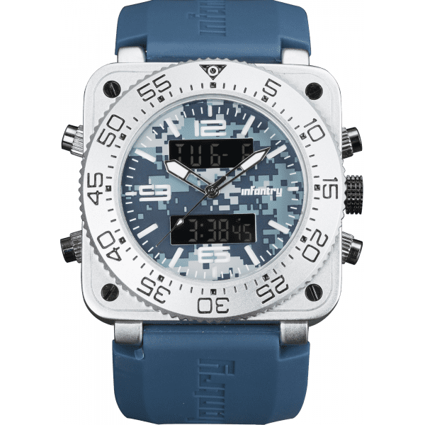 Retail: R3,999.00 INFANTRY MILITARY CO. Men`s Tank ACU Silicon 47mm BIG Dual Movement Watch Blue NEW
