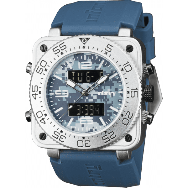Retail: R3,999.00 INFANTRY MILITARY CO. Men`s Tank ACU Silicon 47mm BIG Dual Movement Watch Blue NEW