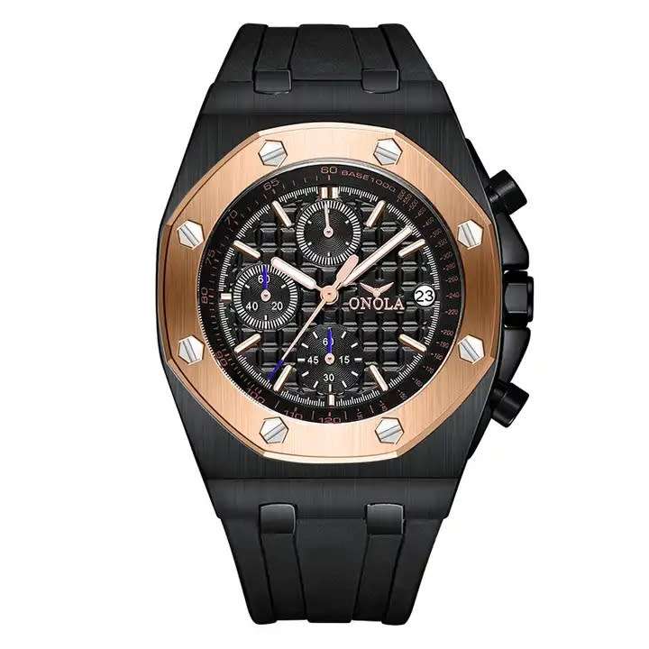 ONOLA Mens Octagon Chronograph Silicone Strap Watch Rose/Black Watch