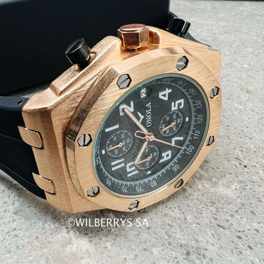 ONOLA Mens Octagon Chronograph Silicone Strap Watch Rose/Black Watch