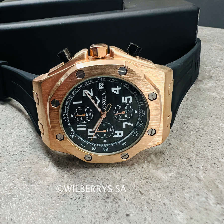 ONOLA Mens Octagon Chronograph Silicone Strap Watch Rose/Black Watch