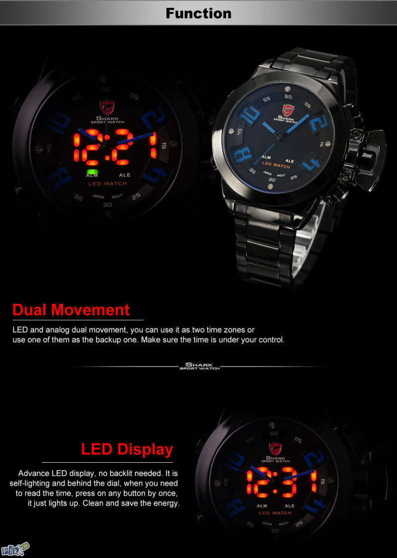 SHARK The Great White shark Dual Analog/Digital ALARM BACKLIGHT 46MM Watch BRAND NEW