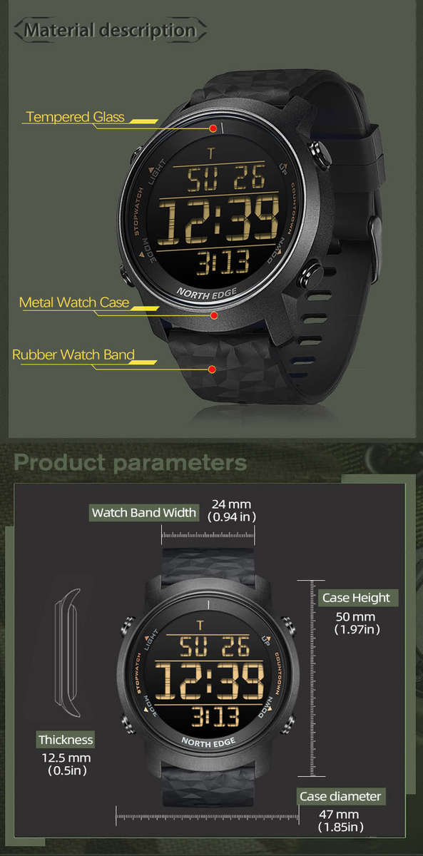 tactical watch!! NORTH EDGE mens Laker II Tactical Dual Time Watch brand new