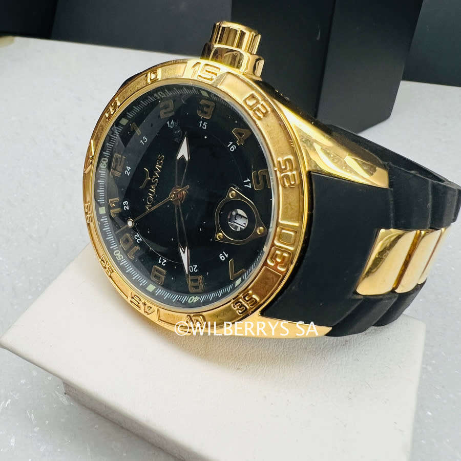 read b4 bidding! store demo 9/10!! Retail: R8,500.00 Aquaswiss TRAX 18k gold plated Watch