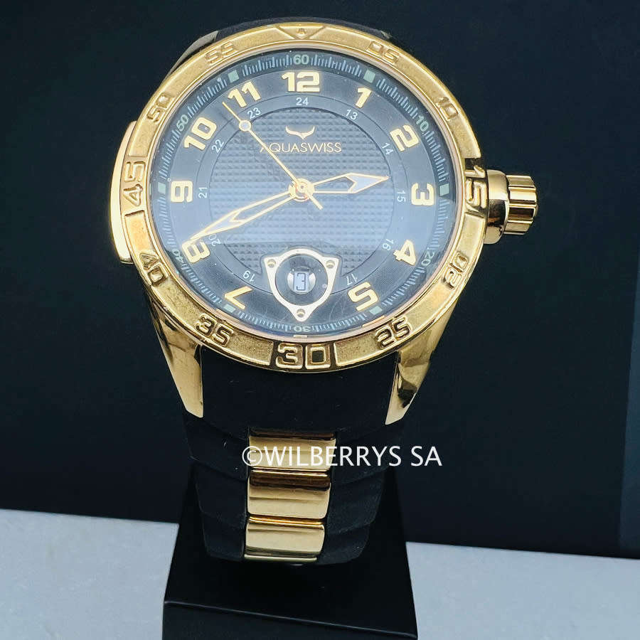 read b4 bidding! store demo 9/10!! Retail: R8,500.00 Aquaswiss TRAX 18k gold plated Watch
