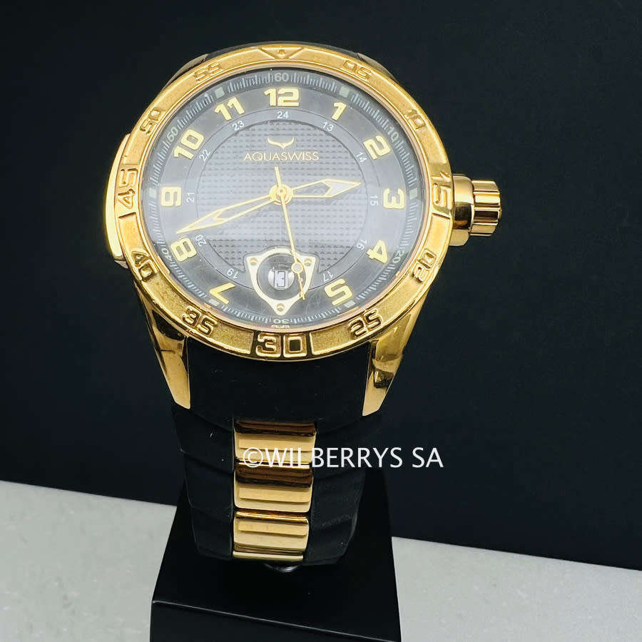 read b4 bidding! store demo 9/10!! Retail: R8,500.00 Aquaswiss TRAX 18k gold plated Watch