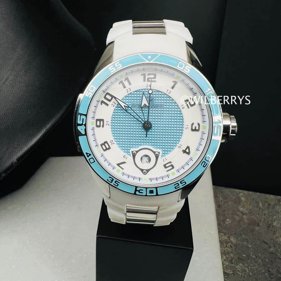 Aquaswiss Men`s Trax Silicone Strap Date Watch Baby Blue and White