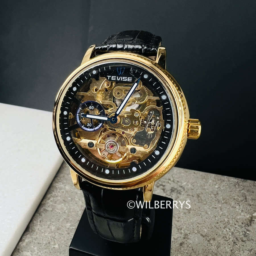 TEVISE ® Men`s NON FUNCTIONAL FLYWHEEL Automatic NAMURA Black Gold Watch