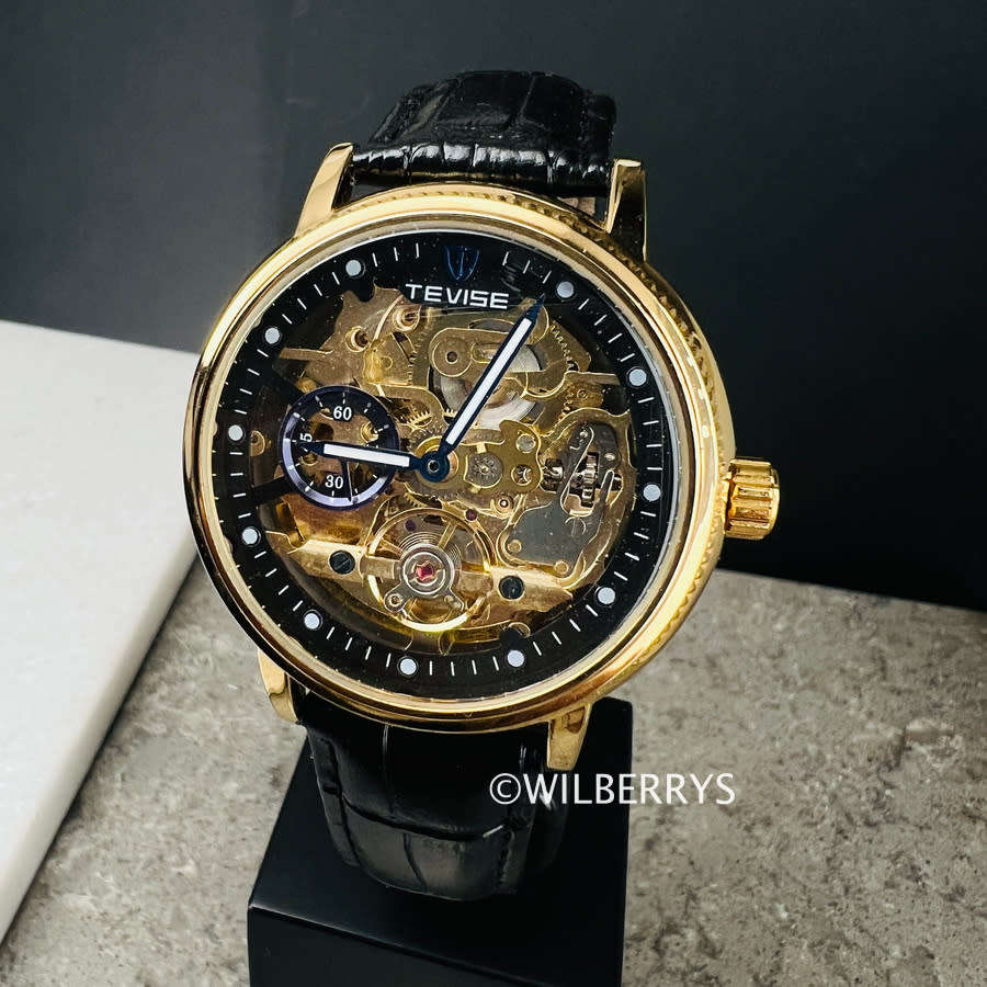 TEVISE ® Men`s NON FUNCTIONAL FLYWHEEL Automatic NAMURA Black Gold Watch