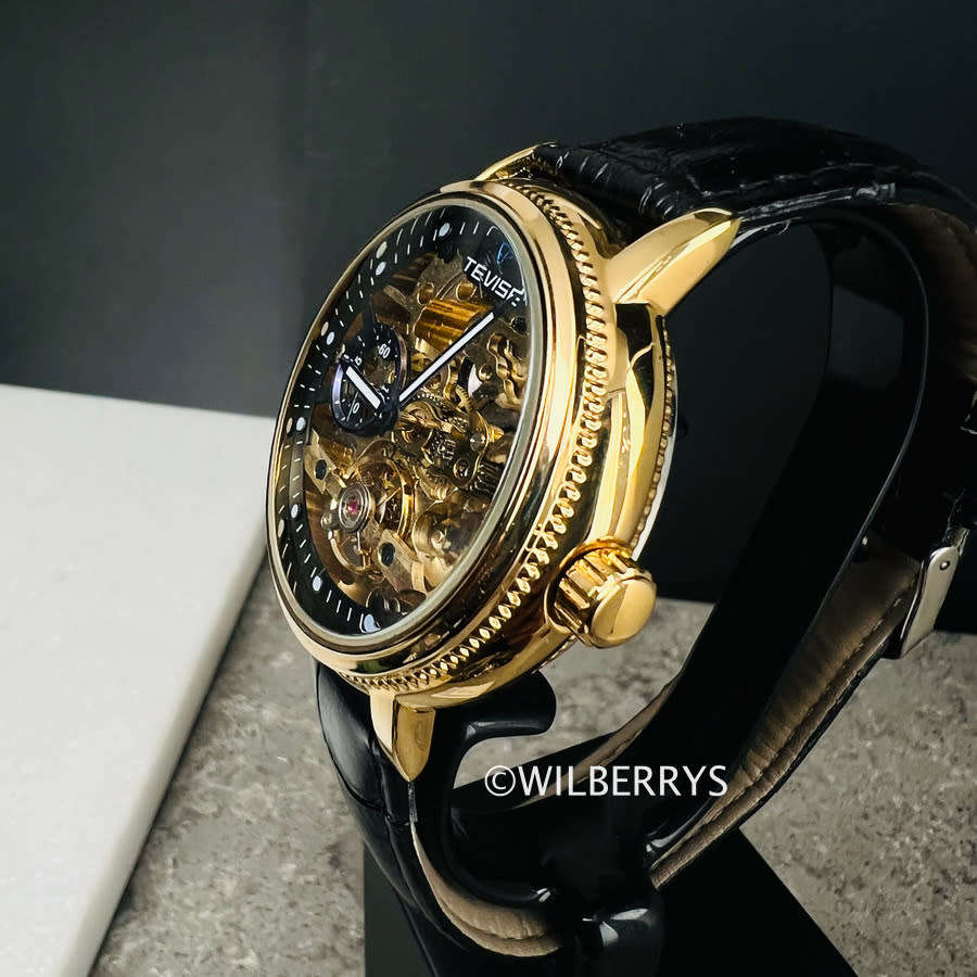 TEVISE ® Men`s NON FUNCTIONAL FLYWHEEL Automatic NAMURA Black Gold Watch