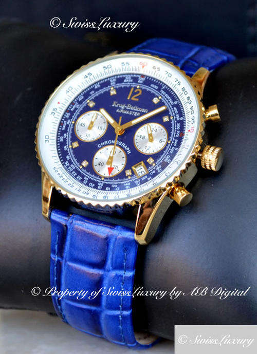 1 DAY ONLY **DIAMOND** MEN'S KRUG BAUMEN Limited Blue AIR TRAVELLER PILOT SLIDE RULE WATCH w. PAPERS