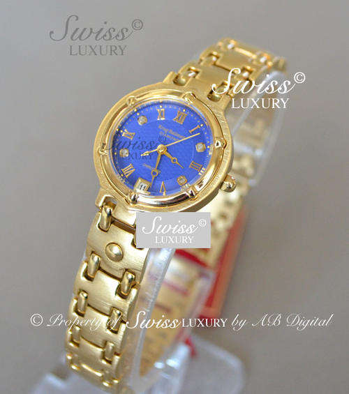 KRUG BAUMEN Ladies 4 Diamond Gold pl Deep Blue Pearl Dial Watch w. box, papers, 5yr warranty