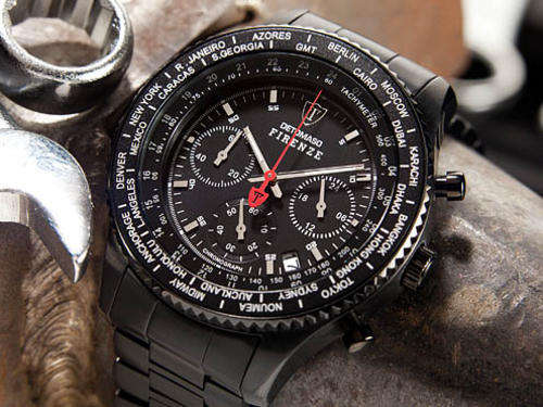 late entry** DETOMASO FIRENZE WORLD TIME BLACK IONIZED STEEL ED. CHRONOGRAPH HEIDFELD TEAM WATCH