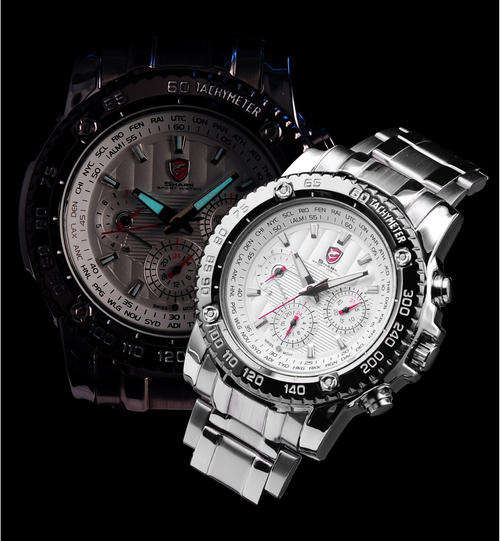 SHARK TACTICAL GOLD TRIM CHRONOGRAPH WATCH W/ BOX, PAPERS, LOADED!!