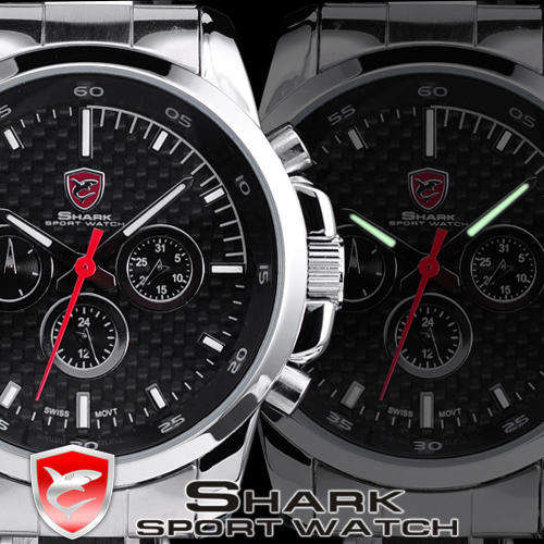 SHARK F1 INSPIRED CARBON INFUSED DIAL STEEL CHRONOGRAPH WATCH W/ BOX, PAPERS, LOADED!!