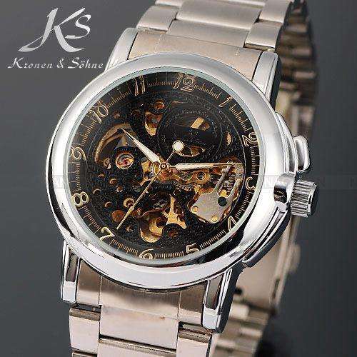KRONEN & SOHNE Steel BLACK Skeleton Automatic Mechanical Watch w/ box, papers, warranty