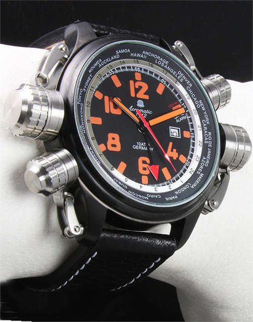 AEROMATIC 1912 *MADE IN GERMANY* Automatic Cannon World Timer WWII Chronograph NEW W/ WORLD WAR TIN