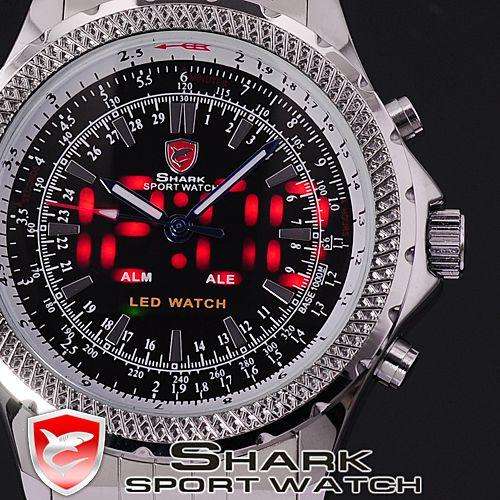 SHARK DUAL LED GOBLIN 47MM STEEL WATCH W/ BOX, PAPERS, LOADED!!