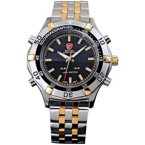 SHARK DUAL LED 50mm HAMMERHEAD TWO TONE GOLD EDITION STEEL WATCH W/ BOX, PAPERS, LOADED!!