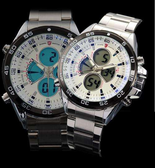 SHARK DUAL LED **STEEL** CHRONOGRAPH PACIFIC REGATTA WATCH W/ BOX, PAPERS, LOADED!!