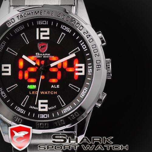 SHARK LED DUAL BLACK DIAL STEEL WATCH W/ BOX, PAPERS, LOADED!!