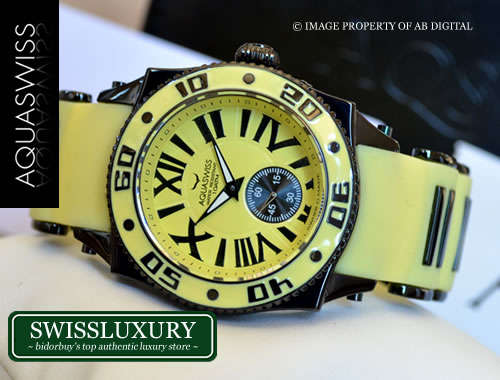 *Only 3 in SA* AQUASWISS Hollywood Celebrity Ionized Yellow SWISSPORT Swiss Watch W/ BOX AND PAPERS