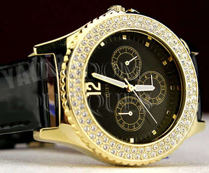 R3,699.99 >> GUESS Black Gold & Swarovski Crystal Leather Ladies Watch
