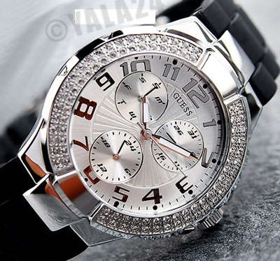 **big bargain** GUESS Black Swarovski Crystal & Polyutherane Ladies Watch