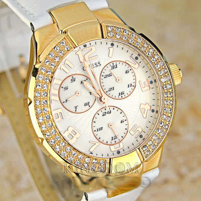 New, Retail GUESS White Leather & Gold Swarovski Crystal Leather Ladies Watch