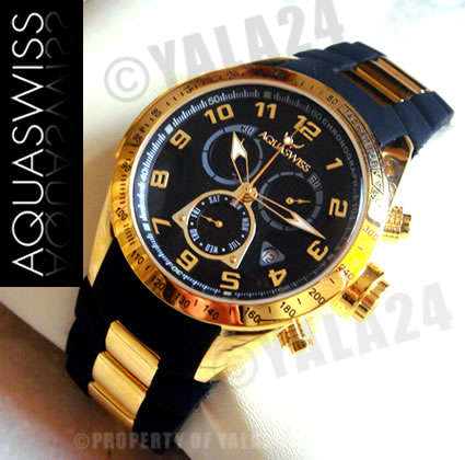R22,000.00 >> AQUASWISS Men's 18k GOLD Trax Chronograph **RARE BLACK** Swiss Watch
