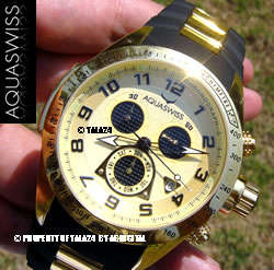 new w/ serial no. R28,000.00 >> AQUASWISS Men's 18k GOLD pl BUMBLEBEE Chronograph Swiss Watch