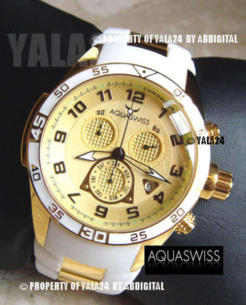 R28,000.00 >> Rare AQUASWISS Men's 18k GOLD Snow Chronograph Swiss Watch