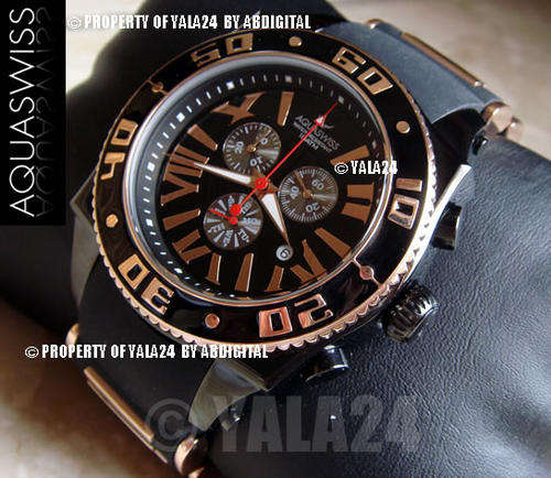 R28,000.00 >> Rare AQUASWISS MEN'S DARK KNIGHT XG 18k ROSE GOLD BLACK IP pl SWISS CHRONOGRAPH WATCH