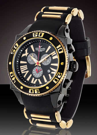 R28,000.00 >> AQUASWISS MEN'S XG **18k GOLD pl.** DARK KNIGHT SWISS CHRONOGRAPH WATCH