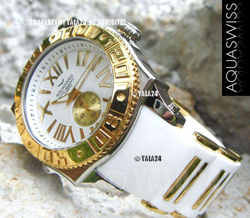RARE AQUASWISS MEN'S SNOW 100M 18K GOLD PL. SWISS WATCH BRAND NEW
